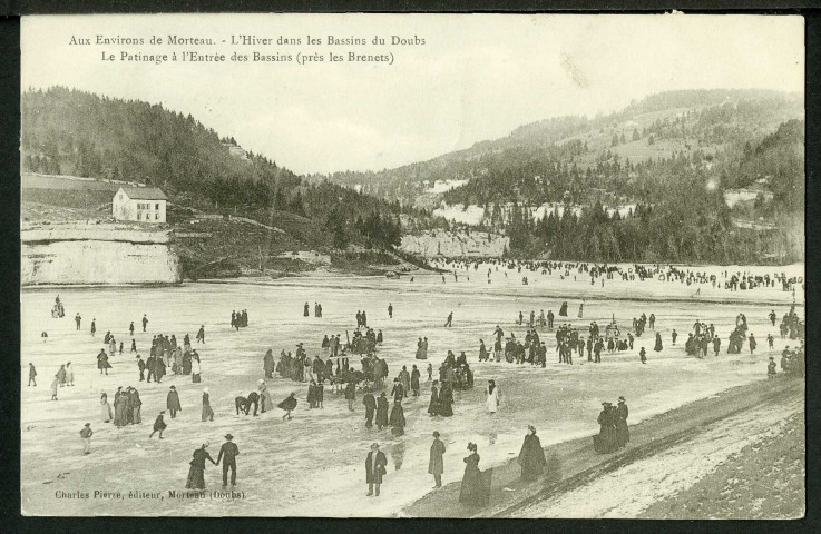 Aux environs de Morteau : "L'hiver dans les bassins du Doubs, le patinage à l'entrée des bassins"